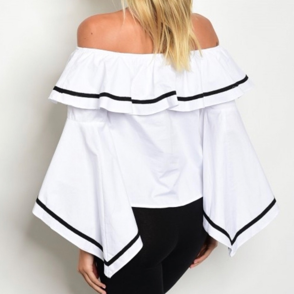 White & Black Edgy OTS Bell Sleeve Top!! NWT - Picture 3 of 6